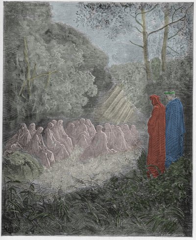 Purgatorio, Canto 7: The spirits singing Salve Regina in the dell (illustration from The Divine Comedy) by Gustave after Dore